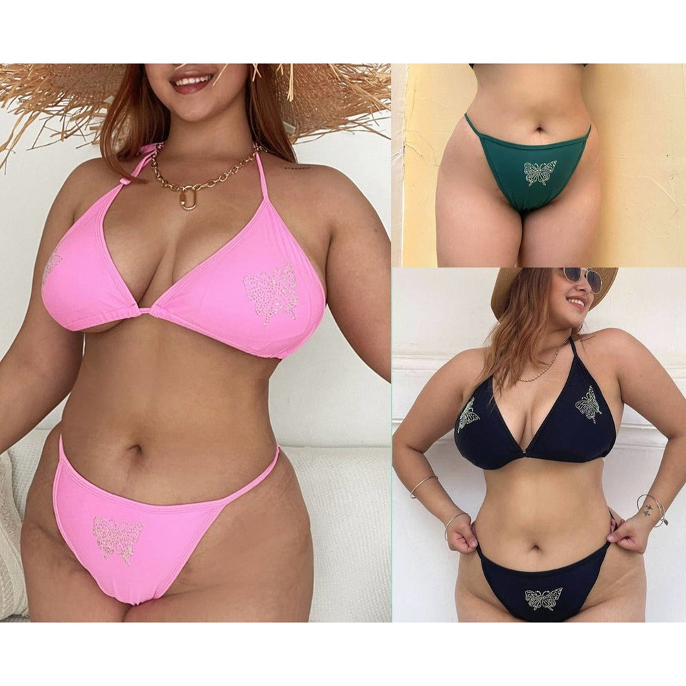 Ladies Solid Color Plus Size Rhinestone Lace-Up Swimsuit